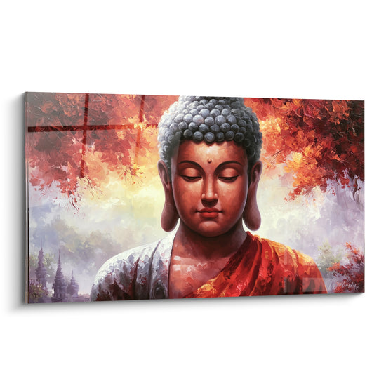 Bouddha au visage serein entouré de feuillage rouge et ocre, drapé bordeaux et doré, peinture texturée