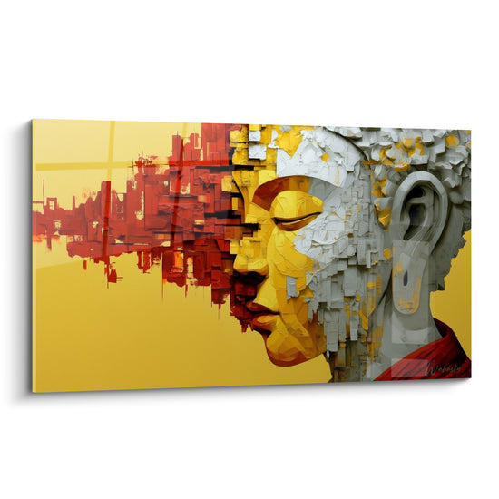 Bouddha profil doré et rouge, visage serein émergeant d'une ville fragmentée en relief