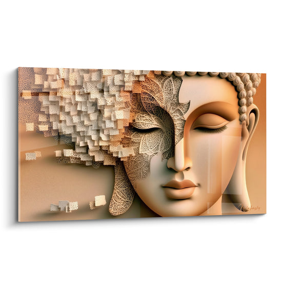 Bouddha aux yeux clos, visage beige et brun se fragmentant en carrés blancs texturés