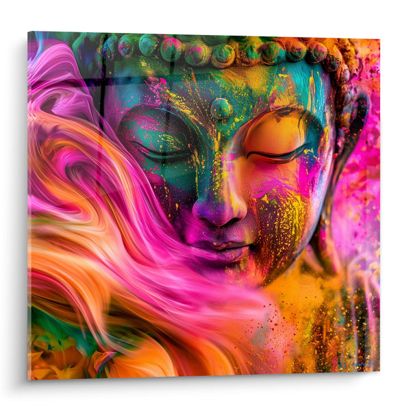Tableau Visage rose et jaune aux éclaboussures de peinture - Vague fuchsia soyeuse - Edition Bouddha