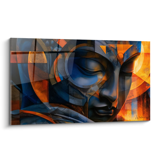 Bouddha au visage bleu marine et orangé, traits géométriques et lumière dorée fragmentée