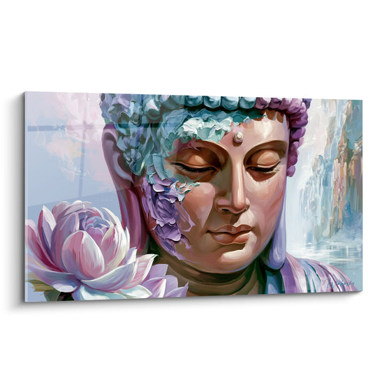 Visage de Bouddha mauve et turquoise aux paupières closes, lotus rose pâle en premier plan