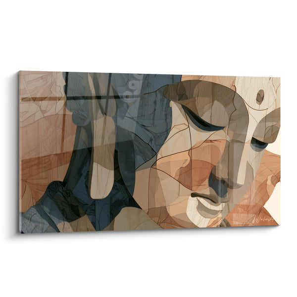 Tableau Visage bleu ardoise et beige aux fragments de bois - Marqueterie graphique délicate - Edition Bouddha