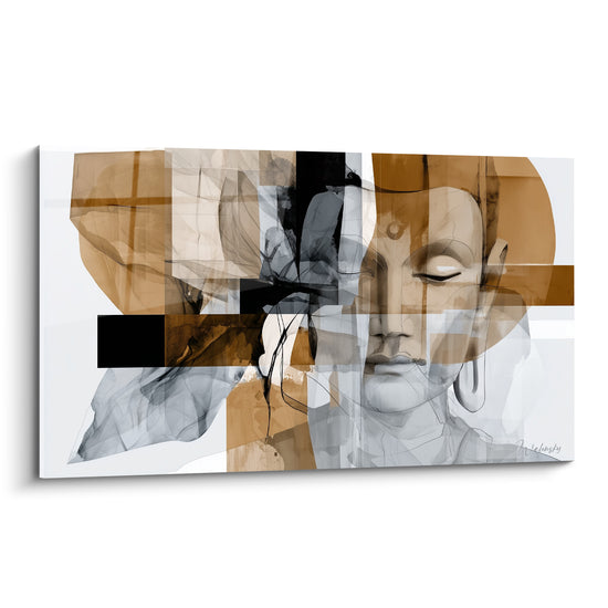 Bouddha aux yeux clos, visage ocre et gris fragmenté par des blocs géométriques noirs