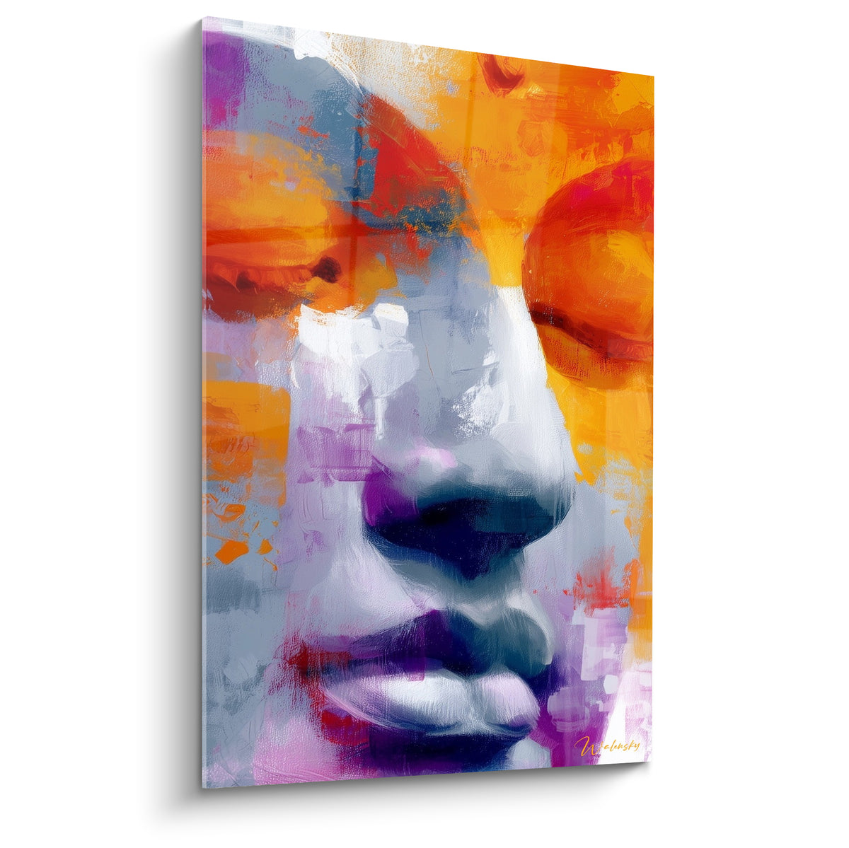 Bouddha aux yeux clos, visage orange et violet éclatant, peinture expressive aux touches anthracite marquées