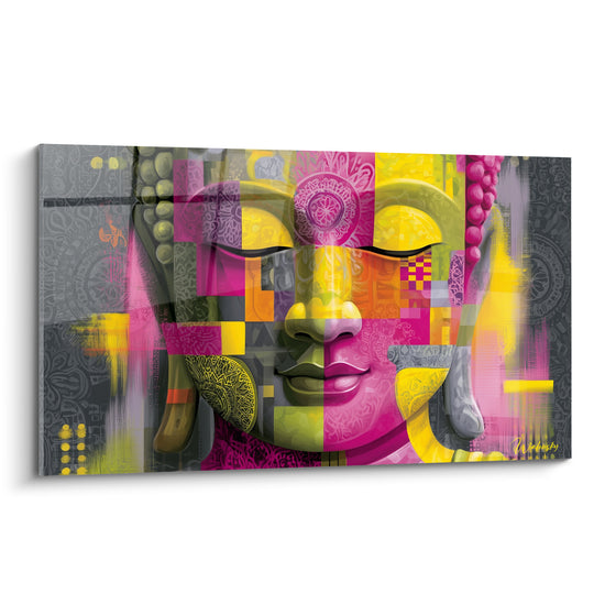 Bouddha au visage fragmenté rose magenta et jaune vif, mosaïque colorée sur fond anthracite
