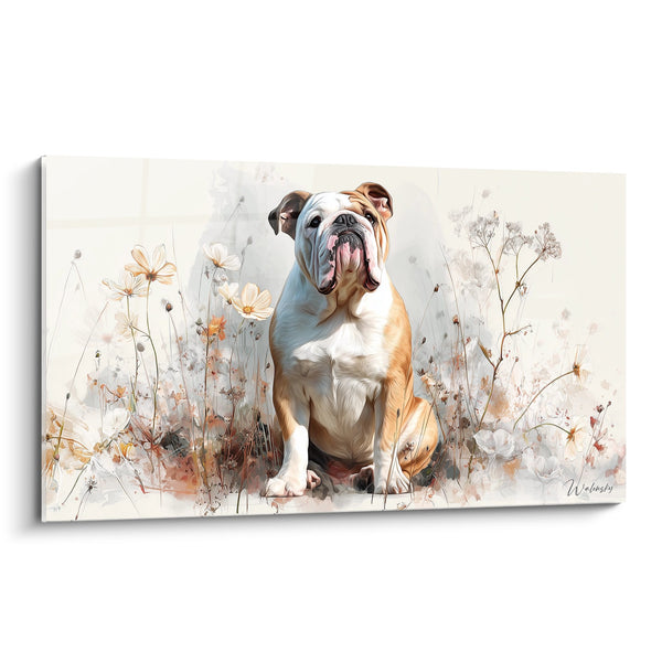 Tableau Bouledogue Anglais aux Tons Chauds dans Prairie Fleurie - Sérénité Champêtre - Edition Bouledogue Anglais