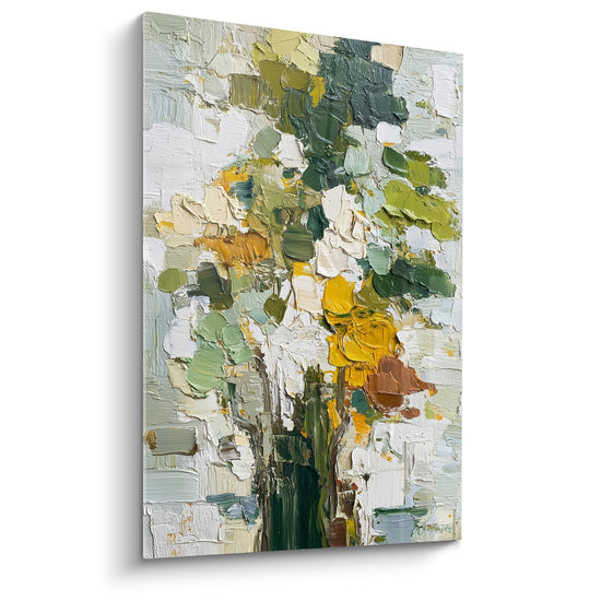 Tableau bouquet fleurs jaunes blanches empâtement épais peinture texturée verte feng shui est bois nature morte