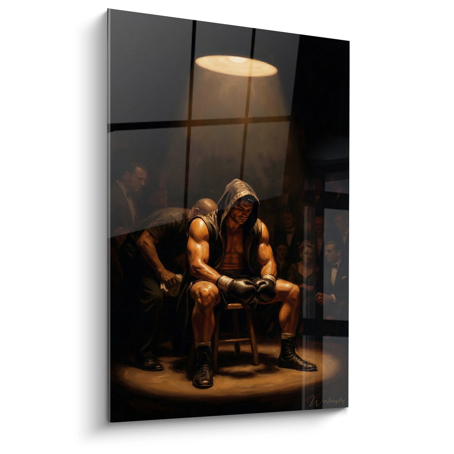 Tableau Boxeur encapuchonné brun et noir sur tabouret - Suspension de lampe circulaire - Edition Boxe
