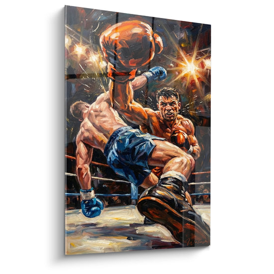 Boxeur orangé projette un uppercut, gant bleu marine et éclats lumineux dorés sur le ring.