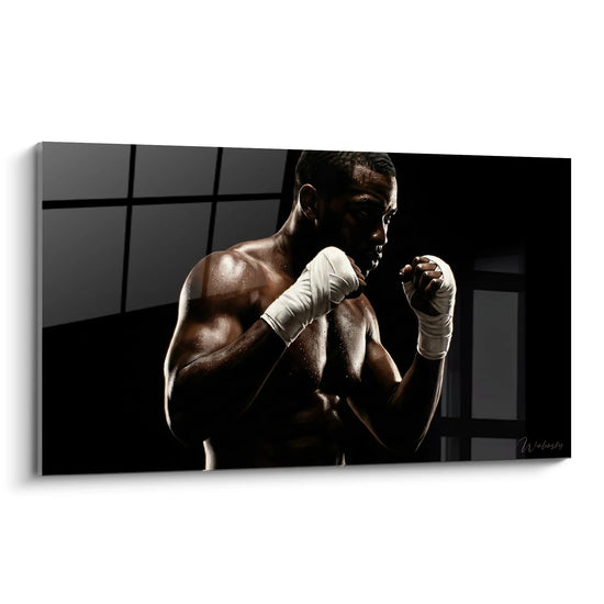 Tableau boxeur professionnel en entraînement avec bandages blancs, art mural sport combat moderne