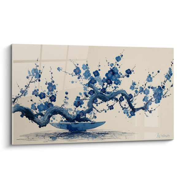 Tableau Branche de Prunier en Fleurs Bleues sur Fond Beige - Élégance Orientale - Edition Ikebana