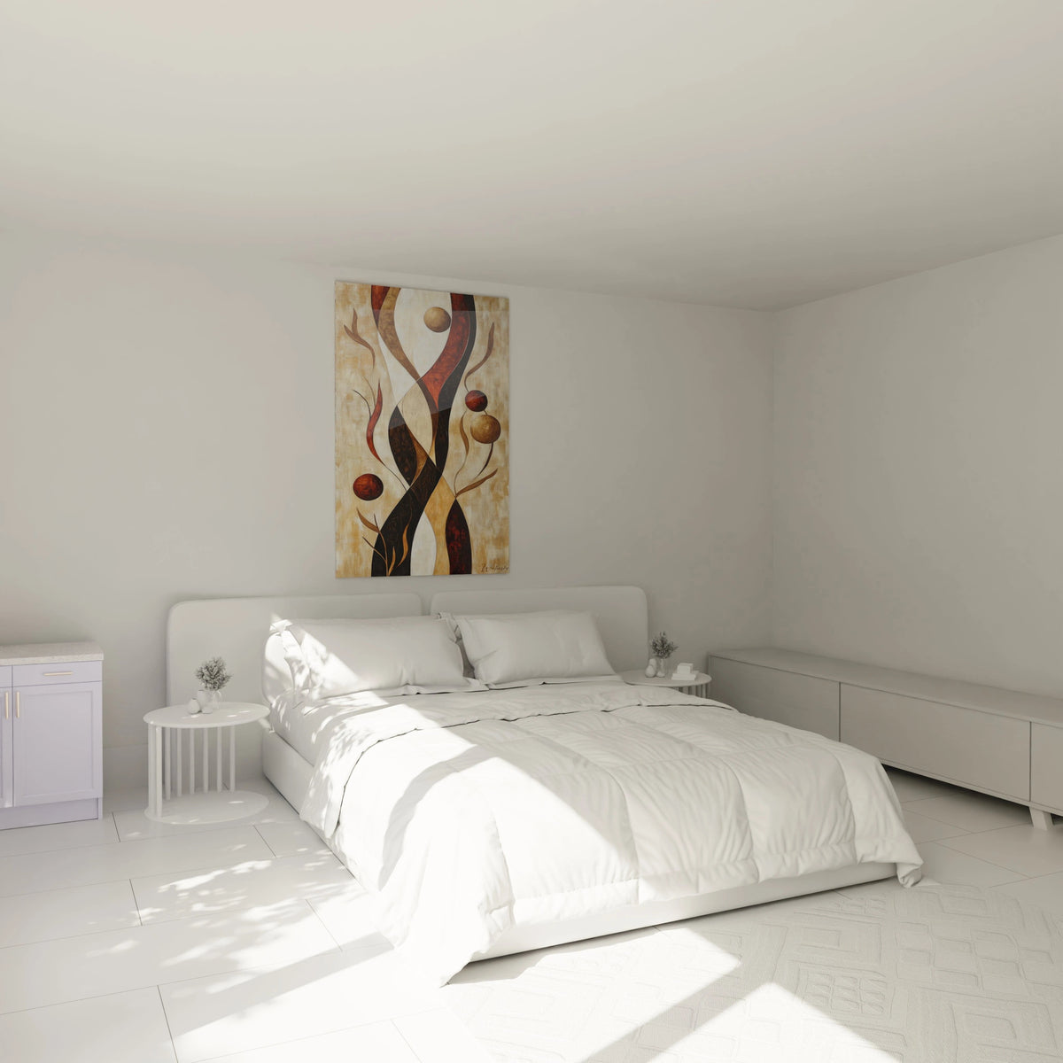 Tableau africain mural Walensky décoratif avec motifs abstraits dans chambre moderne lumineuse