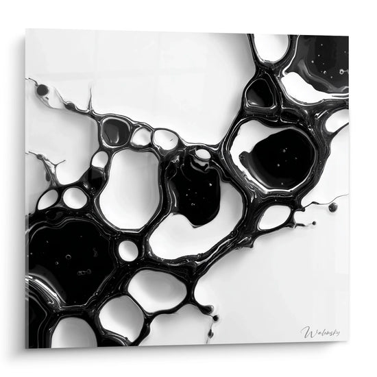 Tableau abstrait bulles noires organiques sur fond blanc - Art mural moderne noir et blanc