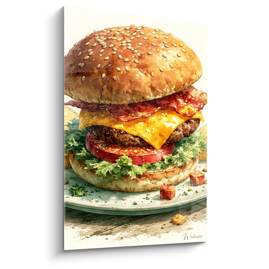 Tableau Burger doré et rouge au bacon craquant - Dés de jambon éparpillés - Edition Burger