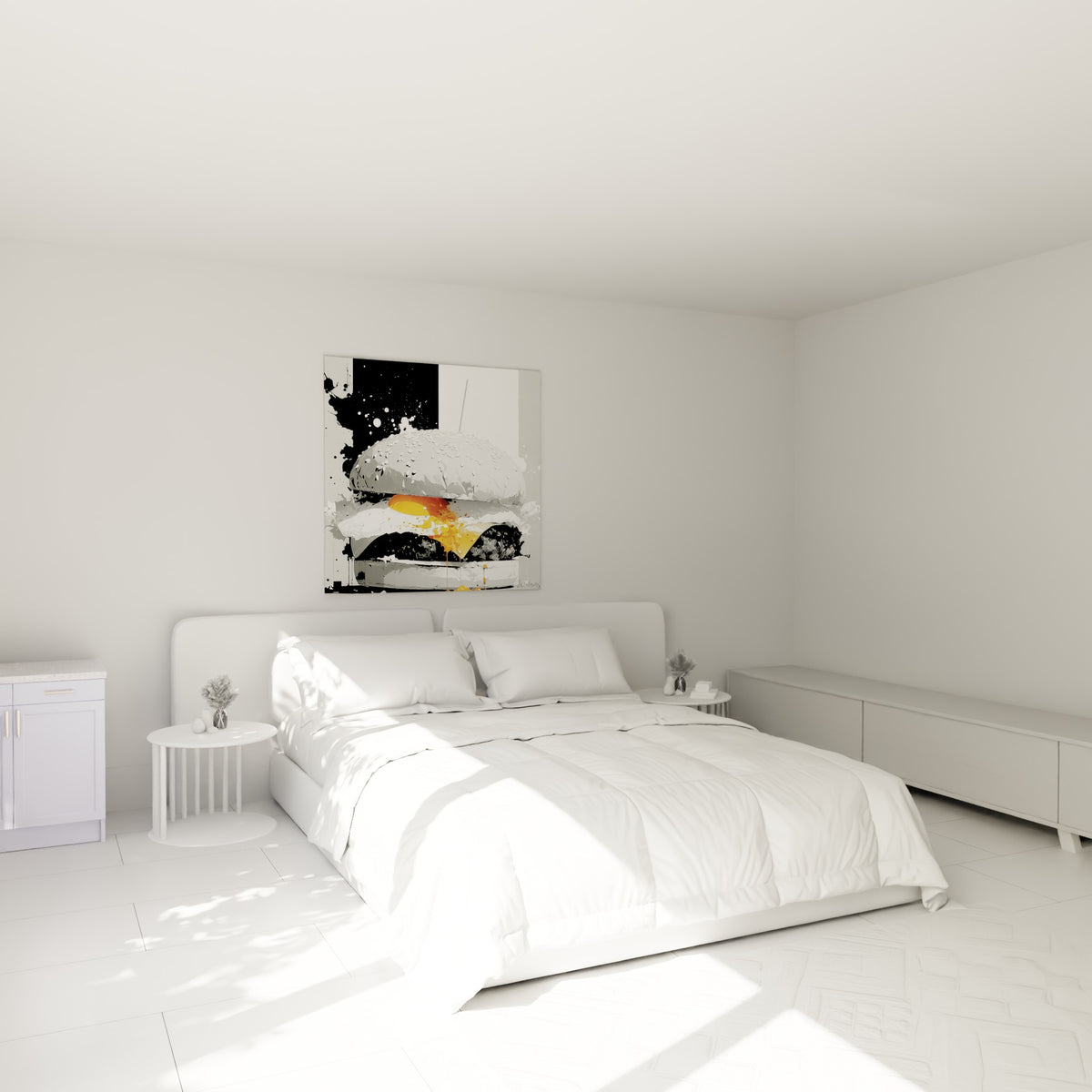 Pain brioché texturé en noir et blanc avec jaune d'œuf coulant, au-dessus d'un lit dans une chambre claire