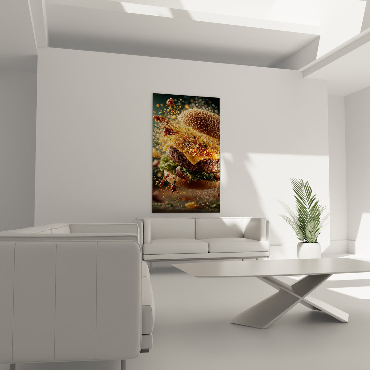 Burger fumant aux éclats de sauce terracotta et fromage fondu, accroché au-dessus d'un canapé dans un salon lumineux