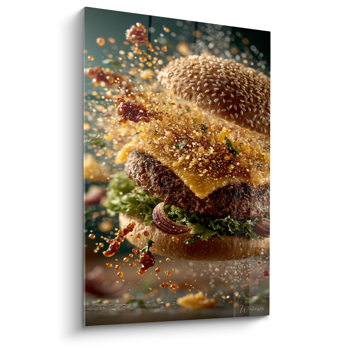 Burger explosif figé en plein mouvement, sauce rouge et fromage doré éclaboussant le pain sésame