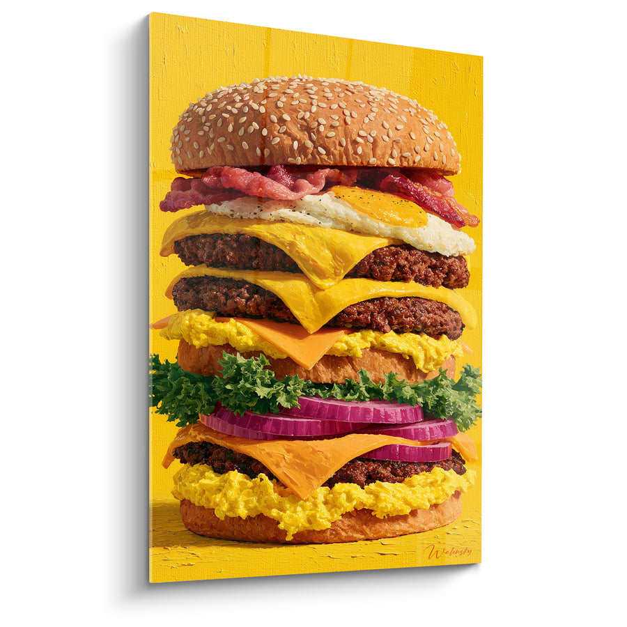 Tableau Burger géant fond jaune steaks empilés - Festin démesuré - Edition Burger