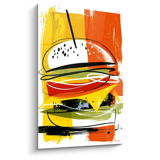 Burger esquissé en jaune et orange vif avec pain parsemé de sésame noir