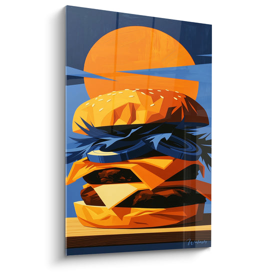 Burger empilé aux teintes orange et bleu marine devant un soleil stylisé, style pop art anguleux