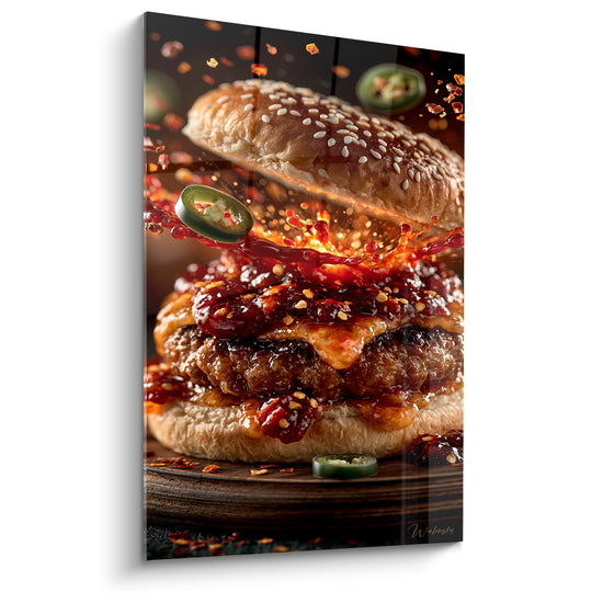 Tableau Burger doré et rouge à la sauce piquante éclaboussée - Rondelles de piment jalapeño - Edition Burger