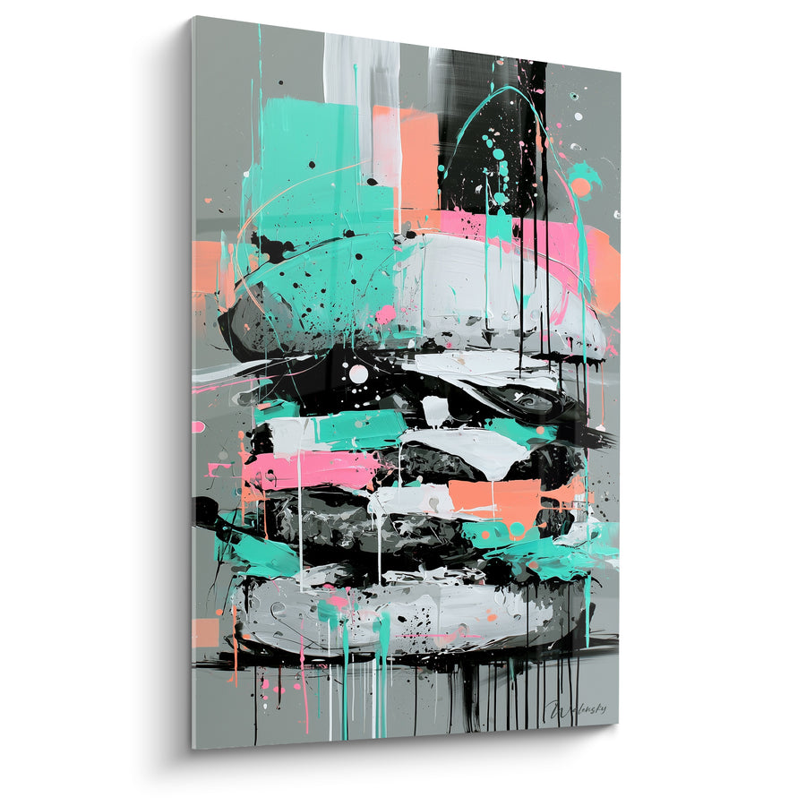 Tableau Burger turquoise et corail aux coulures noires - Éclaboussures sur fond gris - Edition Burger