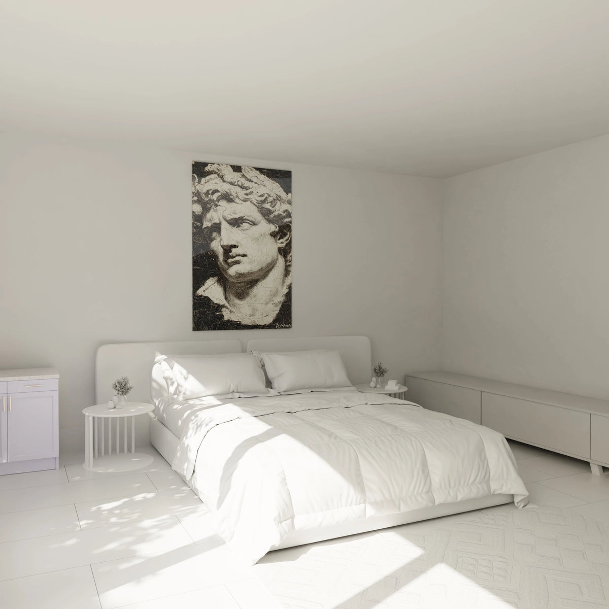 Tableau mural Walensky dans chambre minimaliste avec tableau buste marbre Alexandre le Grand au dessus du lit