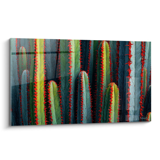 Tableau Cactus Colonnes Stylisées aux Épines Rouge et Verte - Jardin Géométrique - Edition Cubisme