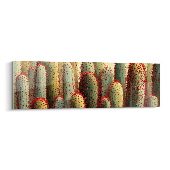 Tableau panoramique de cactus colonnes verts aux épines rouges dans style désertique moderne