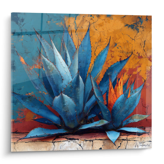 Cactus aux feuilles bleu turquoise sur mur ocre craquelé - tableau art désertique moderne