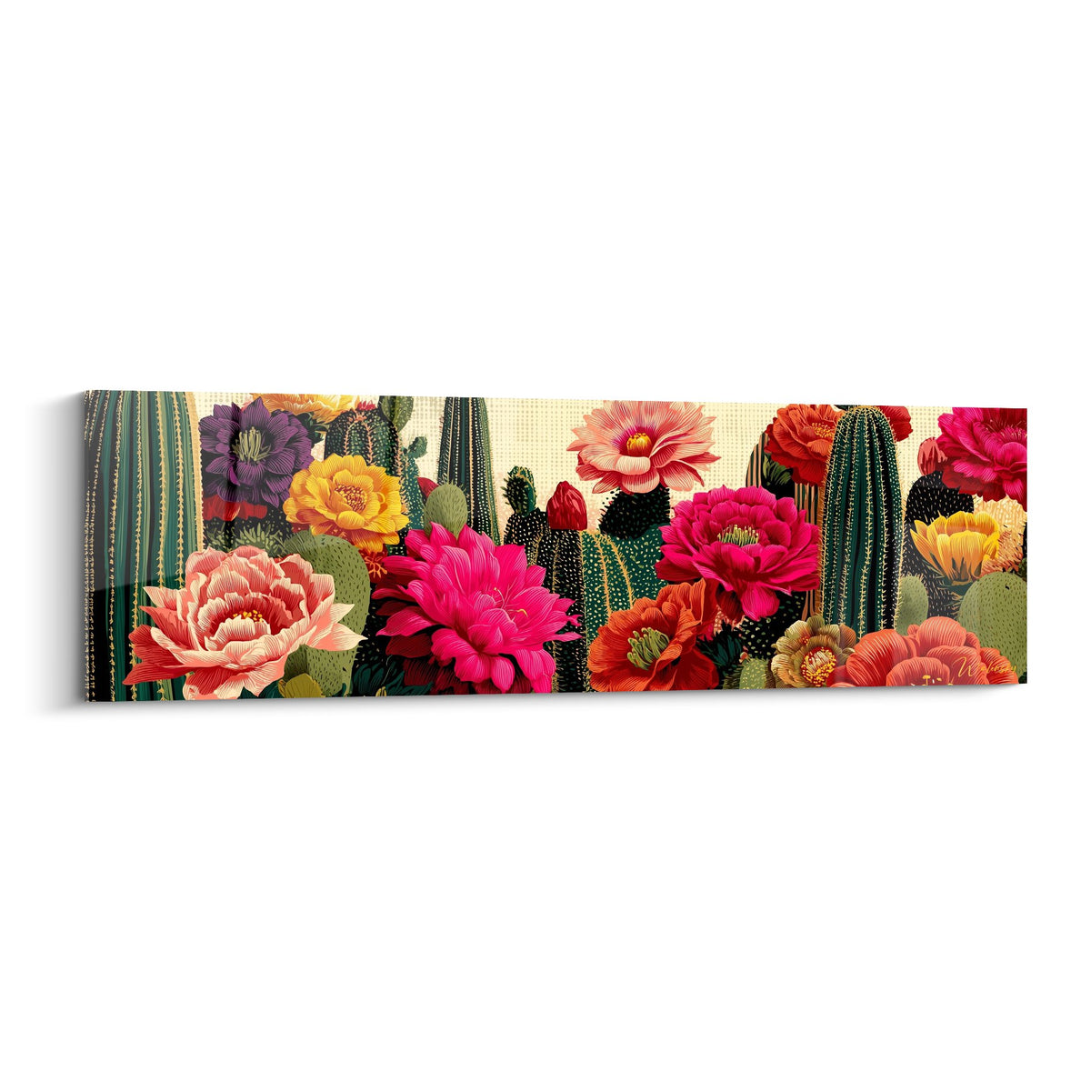 Tableau panoramique fleurs multicolores et cactus style cubisme fond creme roses fuchsia orange