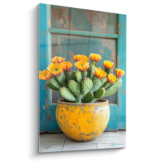 Tableau cactus aux fleurs orange dans pot jaune patiné devant volet bleu turquoise usé style méditerranéen