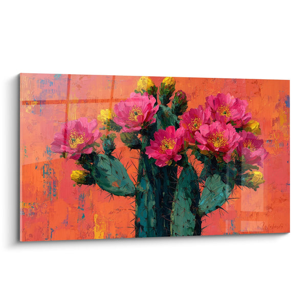 Tableau Cactus en Fleurs Rose Fuchsia sur Fond Orange Vibrant - Éclat du Désert - Edition Cactus