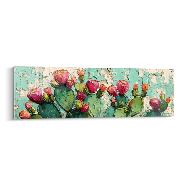Tableau Cactus en Fleurs Rose et Vert sur Fond Turquoise Vintage - Floraison Désertique - Edition Cubisme
