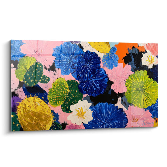 Tableau coloré mêlant cactus épineux verts et fleurs tropicales roses et bleues sur fond noir contrasté