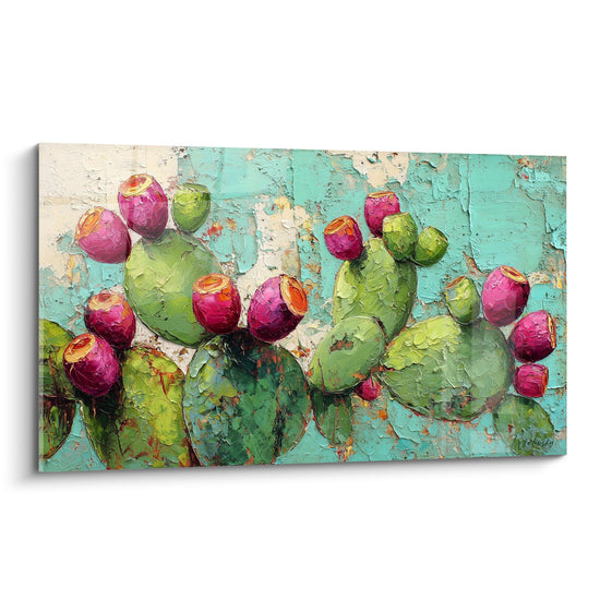 Tableau cactus aux fruits roses sur fond turquoise patiné, peinture épaisse style botanique coloré