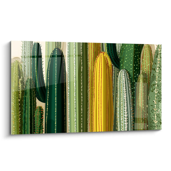 Composition artistique de cactus multicolores avec specimen jaune central sur fond beige sable