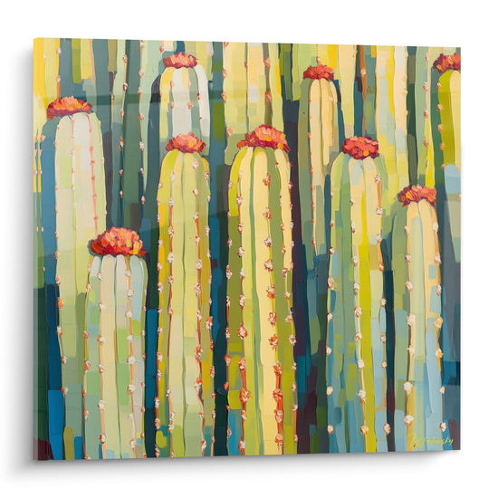 Tableau peinture cactus multicolores avec fleurs rouges sur fond vert jaune bleu style contemporain