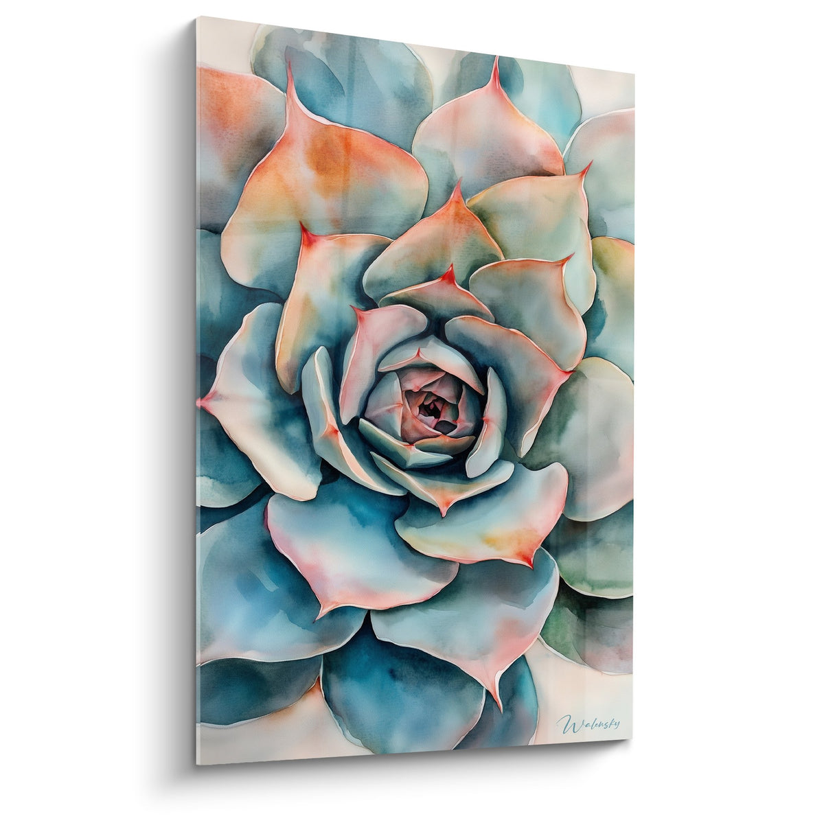 Tableau cactus succulent spirale bleu turquoise reflets corail art botanique moderne