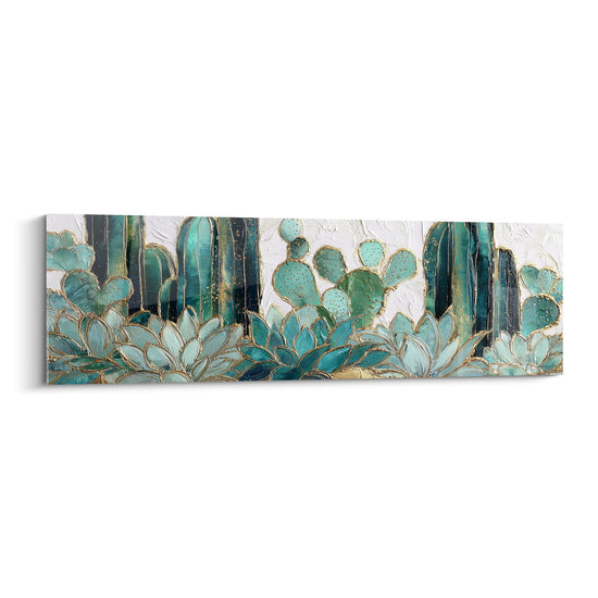 Tableau mural cactus et succulentes stylisés tons turquoise et dorés sur fond blanc style cubisme géométrique
