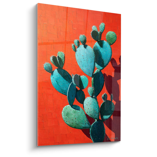 tableau cactus turquoise geometrique fond rouge vif style cubisme moderne decoration murale