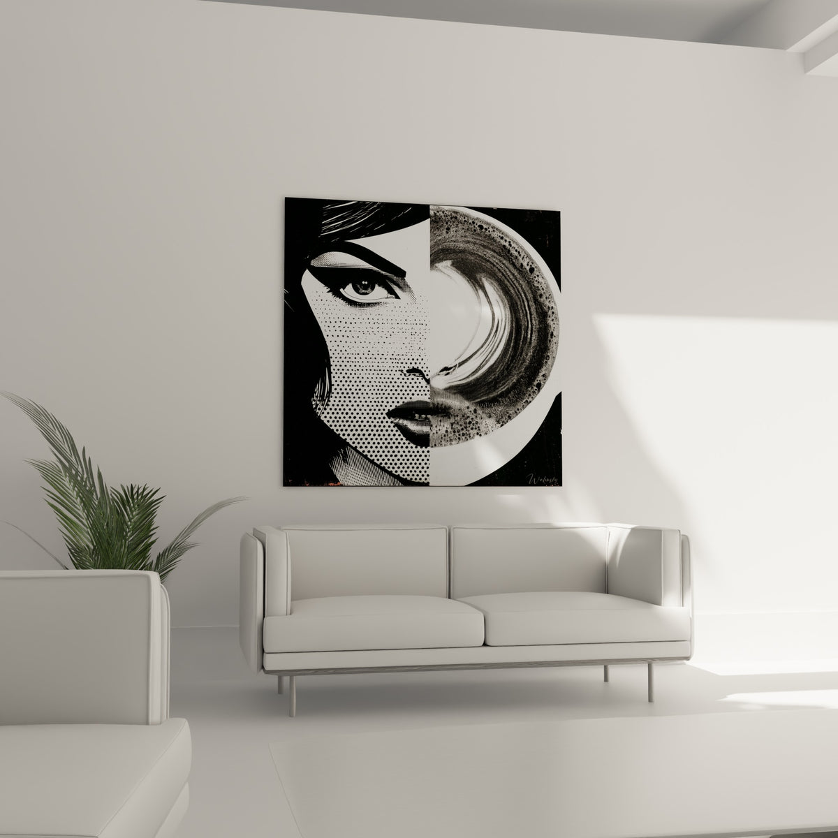 Tasse fumante et regard graphique noir et blanc au-dessus d'un canapé dans un salon lumineux