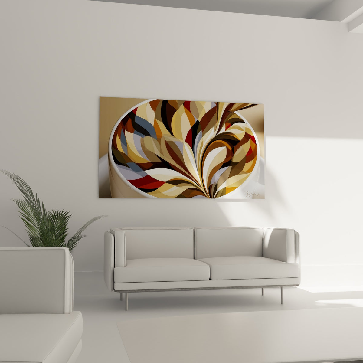 Pétales colorés fauve, ocre et rouge sombre d'une tasse de café, au-dessus d'un canapé dans un salon lumineux