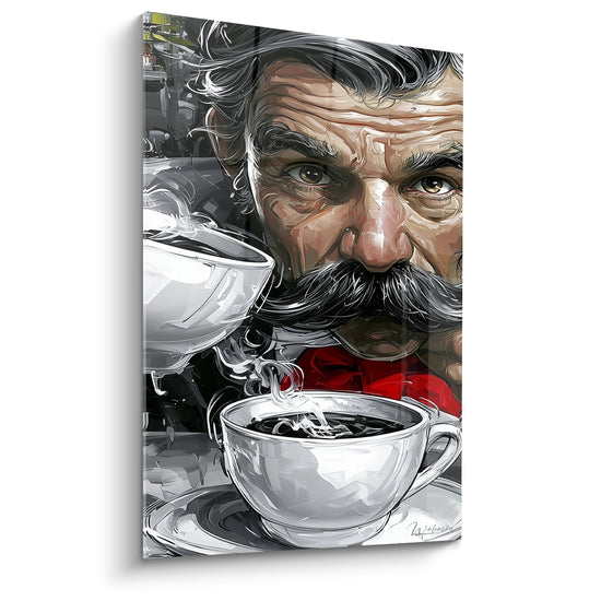 Tableau Homme moustachu gris et blanc versant du café - Regard perçant intense - Edition Café