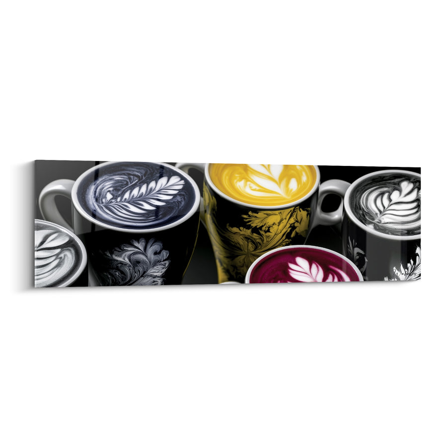 Tableau Tasses jaune et pourpre aux motifs floraux dorés - Rangée de tasses - Edition Café