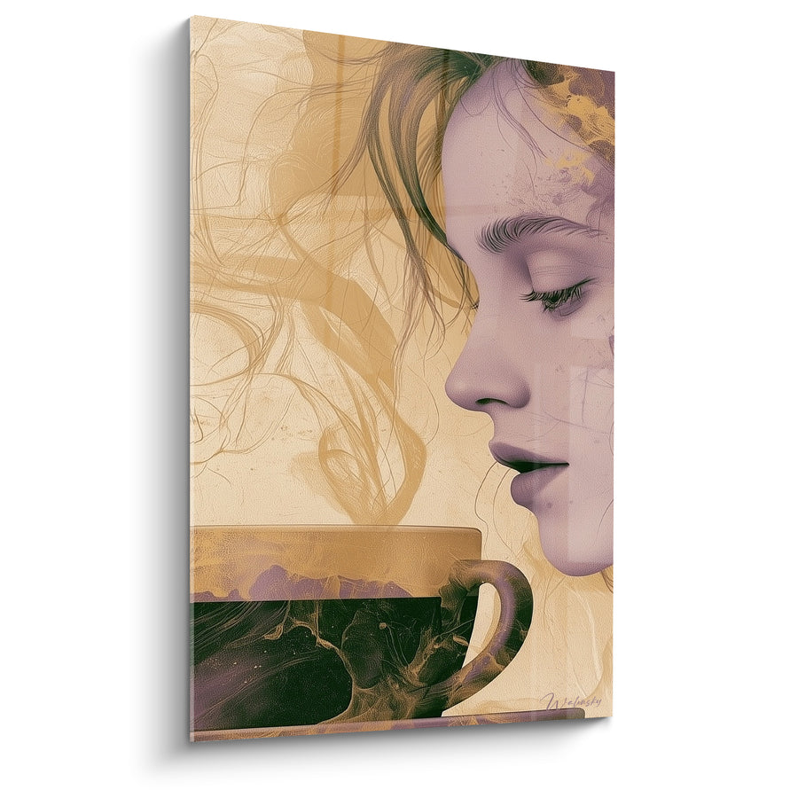 Tableau Profil féminin doré et brun aux volutes de fumée - Yeux clos penchés - Edition Café