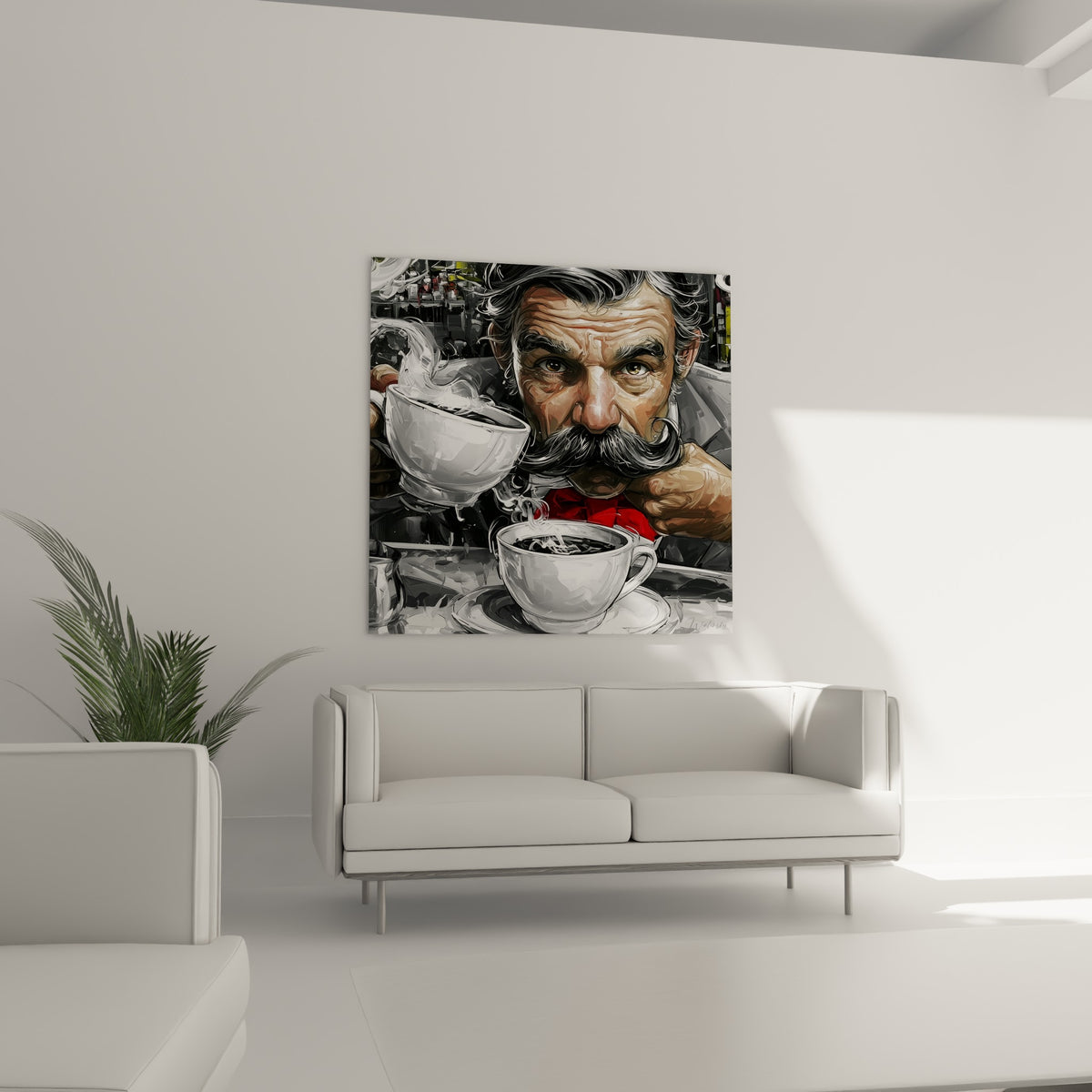 Regard perçant d'un homme moustachu buvant son café, tons anthracite et blanc, au-dessus d'un canapé dans un salon lumineux.