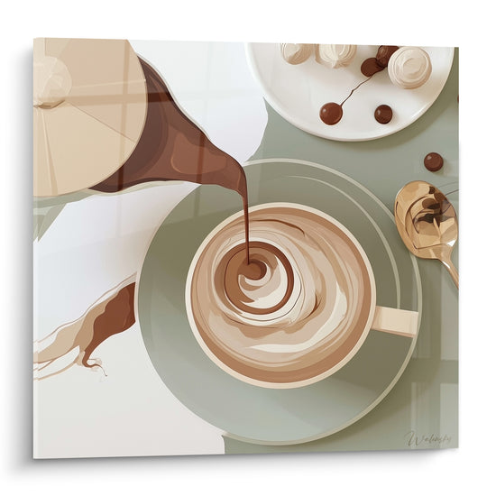 Tasse café vert sauge et beige avec spirale de chocolat versé en plongée totale sur fond neutre