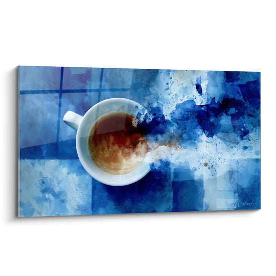 Tasse blanche de café vue de dessus, éclaboussures bleu marine et ocre en aquarelle